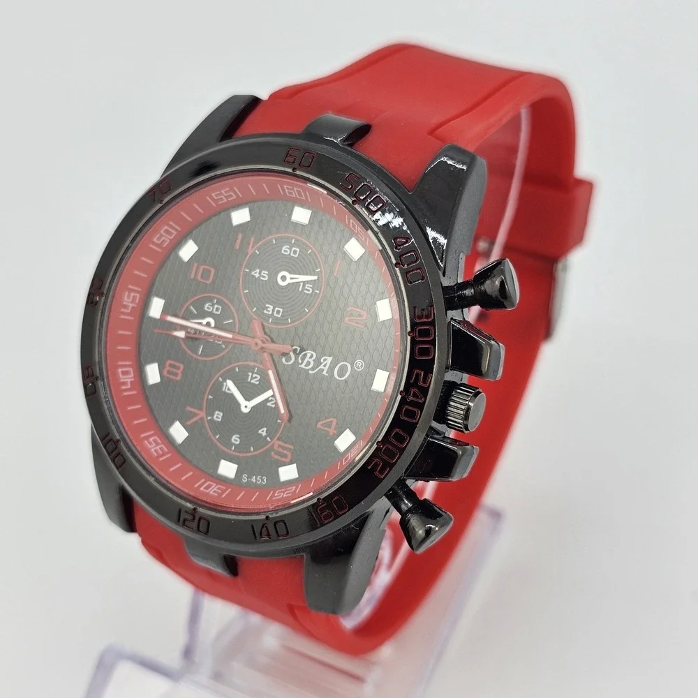 Men's‎ Analog Watch 45MM Black Dial Red Plastic Bands New Battery